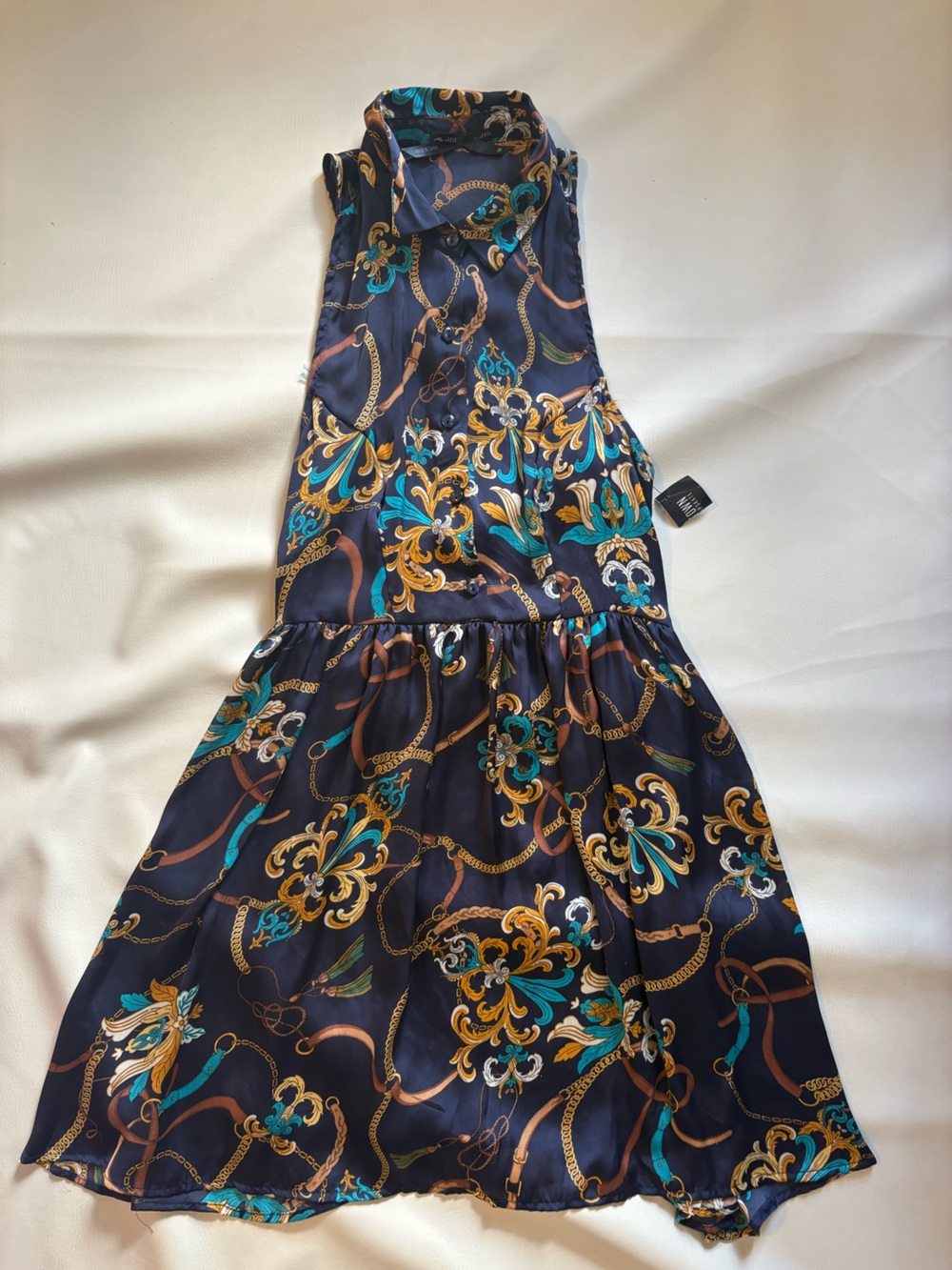 Ali & Kris Navy Baroque Chain Print Midi Skirt with Teal and Gold Accents